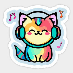 Happy smiling baby pussy cat with headphones. Kawaii cartoon Sticker